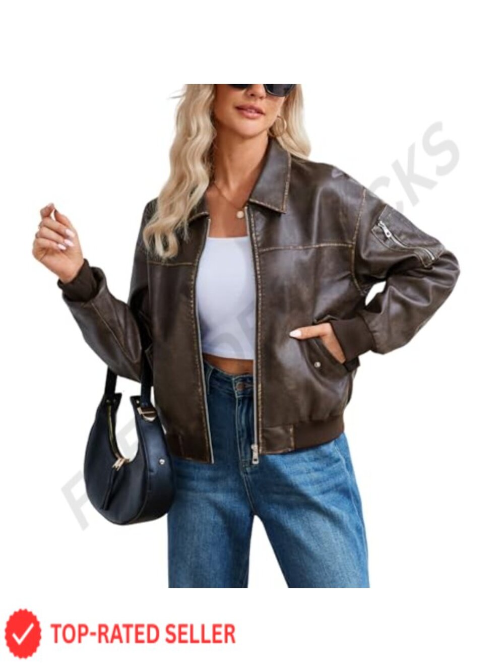 Faux Leather Bomber Jacket Zip Front Motorcycle Womens Coat
